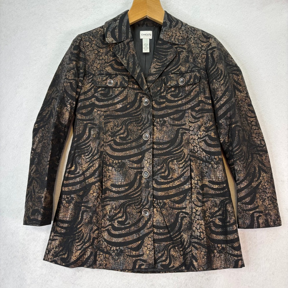 Chicos Black/Gold Textured‎ Linen Blend Animal Print Blazer Jacket Size 1 (M)